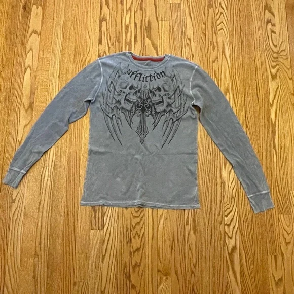 Mens Vintage Affliction Live Fast Valhalla Thermal Shirt, XL, Skulls EUC - Picture 2 of 6